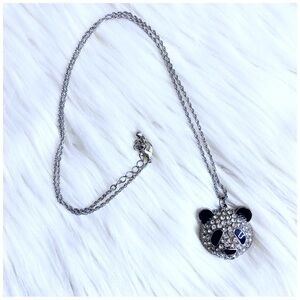 casual crystal and black panda bear head lightweight silver pendant necklace